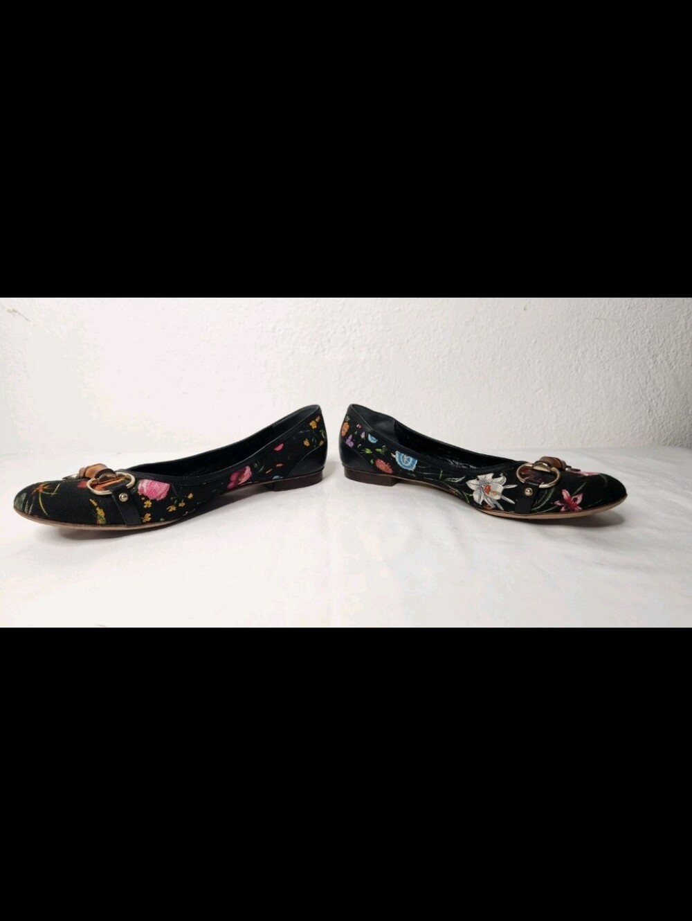 Gucci Floral Flats Horse-bit Leather Fabric Black Shoes Bamboo Detail Italy9.5 B - Picture 9 of 15